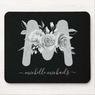 Tapis De Souris Monogramme d'aquarelle florale noire d'argent