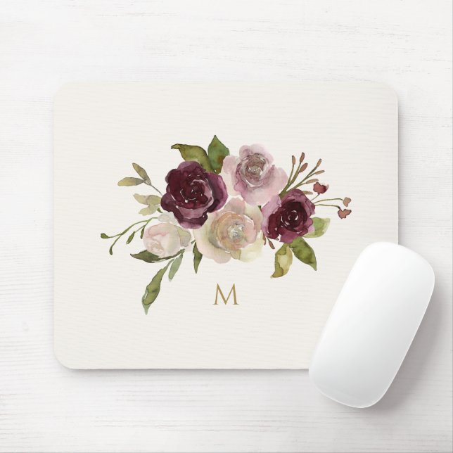 Tapis De Souris Monogramme d'aquarelle florale rose-bourgogne mode (Avec souris)