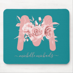 Tapis De Souris Monogramme d'aquarelle Florale Turquoise Rose Gold