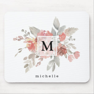 Tapis De Souris Monogramme de fleur gris rose poussiéreux élégant