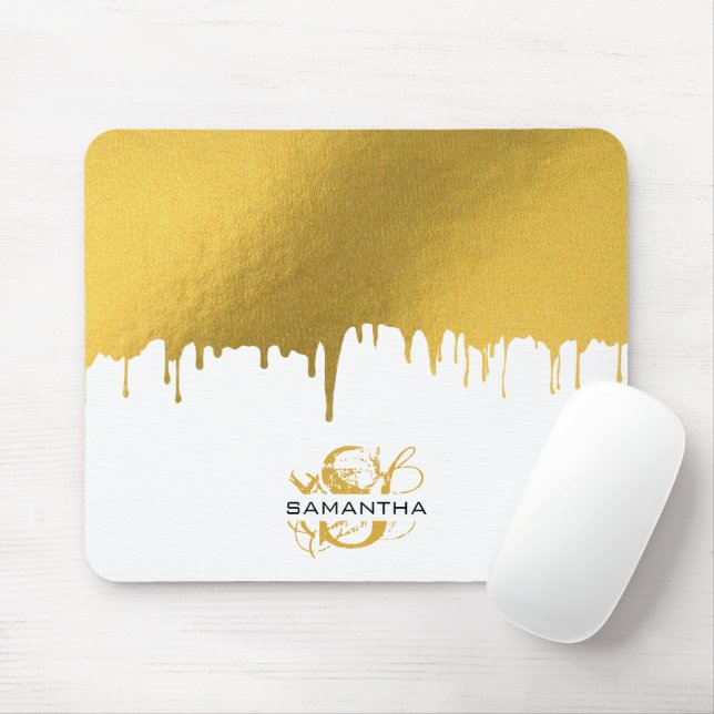 Tapis De Souris Monogramme de gouttes métalliques or tendance (Avec souris)