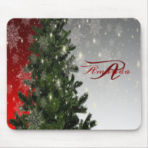 Tapis De Souris Monogramme de Noël Arbre vert Rouge Argent Flocon