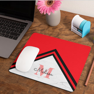 Tapis De Souris Monogramme de nom Chevron Rouge et Noir Moderne