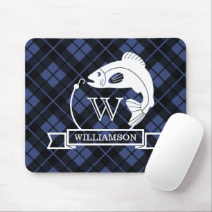 Tapis De Souris Monogramme de poisson et de hochet bleu plaid