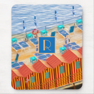 Tapis De Souris Monogramme des cabanes tropicales orange et bleu d