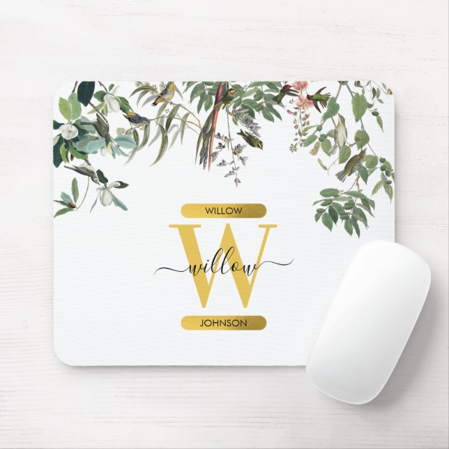 Tapis De Souris Monogramme d'or Elégant Eucalyptus Verdure & Oisea (Avec souris)