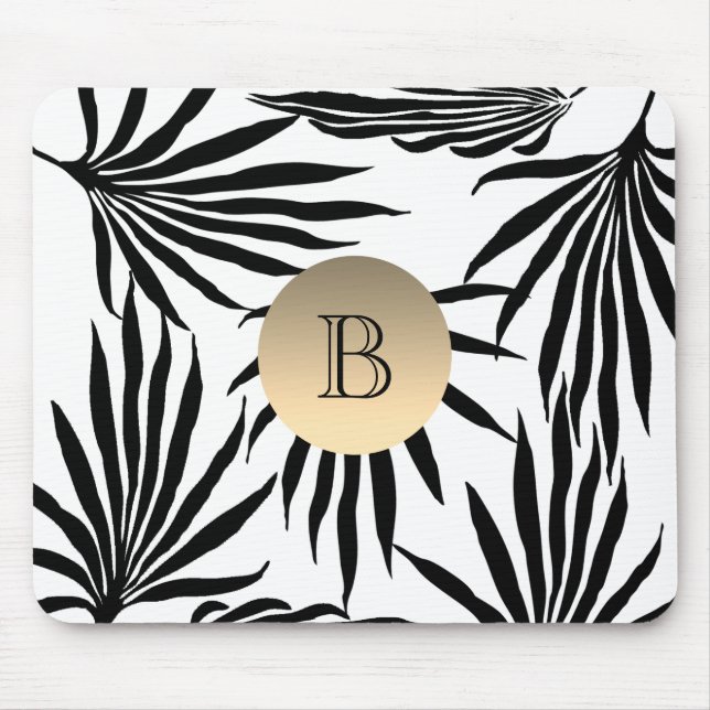 Tapis De Souris Monogramme d'or noir blanc, Palmier Tropical (Devant)