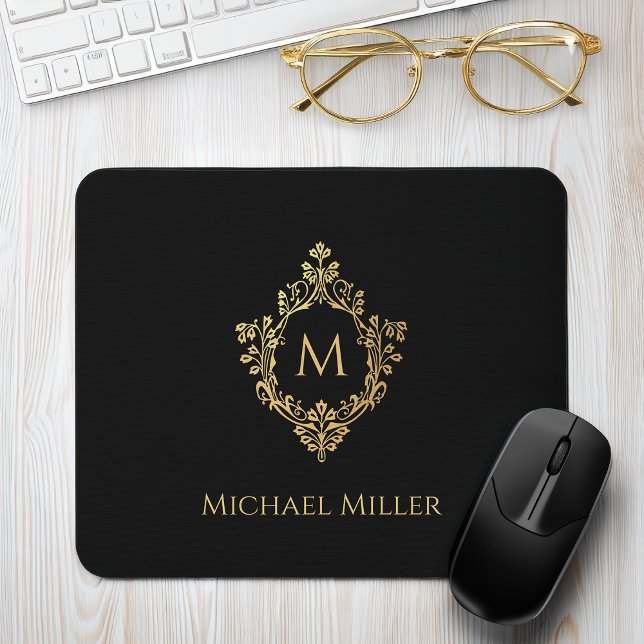 Tapis De Souris Monogramme d'or noir Vintage initial Crest Élégant (Créateur téléchargé)