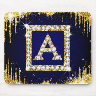 Tapis De Souris Monogramme doré initial A avec paillettes bleues