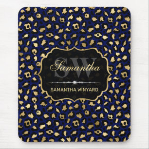 Tapis De Souris Monogramme élégant à taches de léopard bleu et or