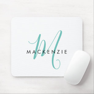 Tapis De Souris Monogramme élégant moderne blanc sarcelle écriture