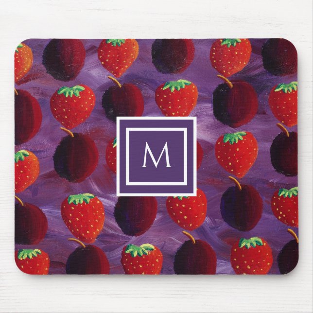 Tapis De Souris Monogramme élégant Plums initiaux et fraises (Devant)