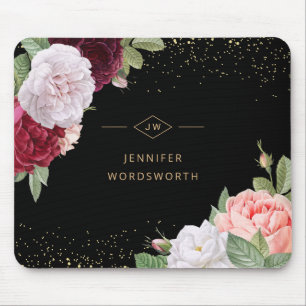 Tapis De Souris Monogramme Élégant Rose floral rose Bourgogne no