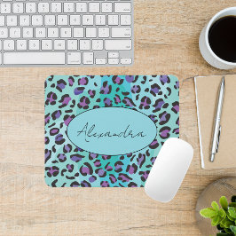Tapis De Souris Monogramme Empreinte de léopard bleu et violet rét