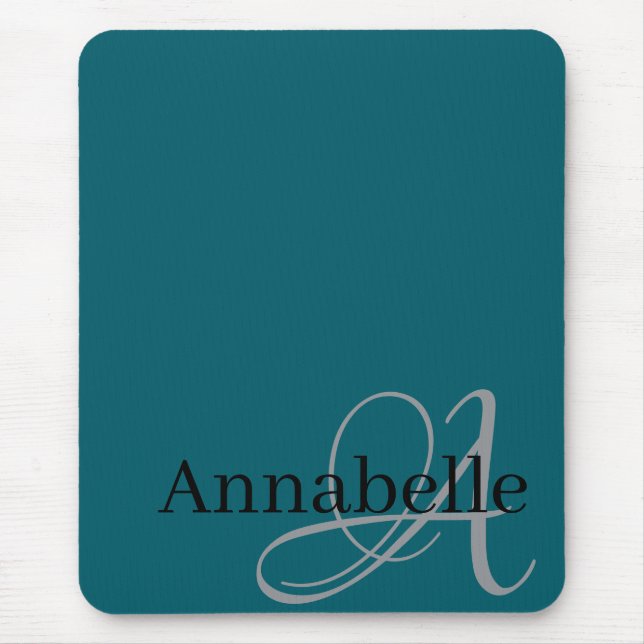 Tapis De Souris Monogramme et nom bleu simple et élégant (Devant)
