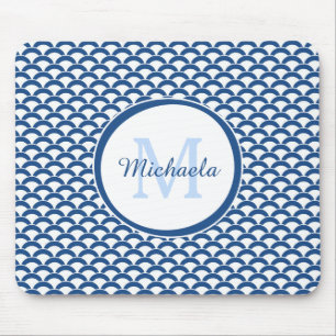 Tapis De Souris Monogramme et nom des pétoncles bleus et blancs mo