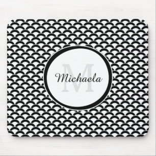 Tapis De Souris Monogramme et nom des pétoncles noirs et blancs mo