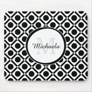 Tapis De Souris Monogramme et nom géométrique noir et blanc modern