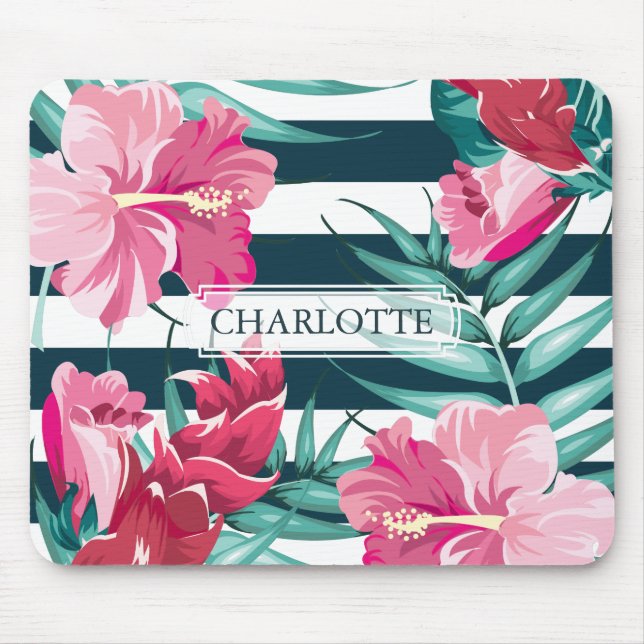 Tapis De Souris Monogramme Exotique Été Floral rayé (Devant)