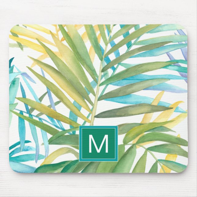 Tapis De Souris Monogramme | Feuilles de palmiers tropicaux (Devant)
