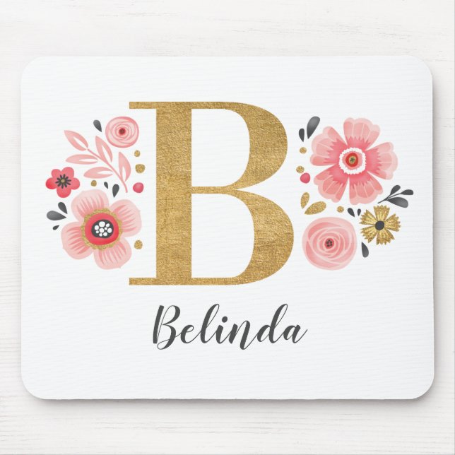 Tapis De Souris Monogramme Fille rose floral (Devant)
