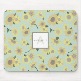 Tapis De Souris Monogramme Fleurs de tournesol bleu jaune