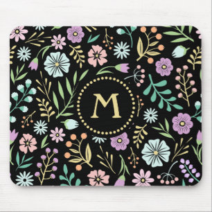 Tapis De Souris Monogramme Fleurs lunaires sur Mousepad noir