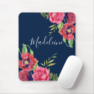 Tapis De Souris Monogramme Fleurs rouges et roses Bleu foncé Marin
