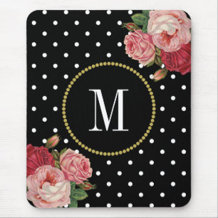 Tapis De Souris Monogramme floral antique noir chic de pois