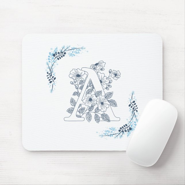 Tapis De Souris Monogramme floral bleu initial "A" calme (Avec souris)