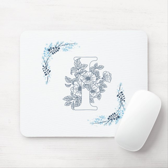 Tapis De Souris Monogramme floral bleu initial "I" calme (Avec souris)