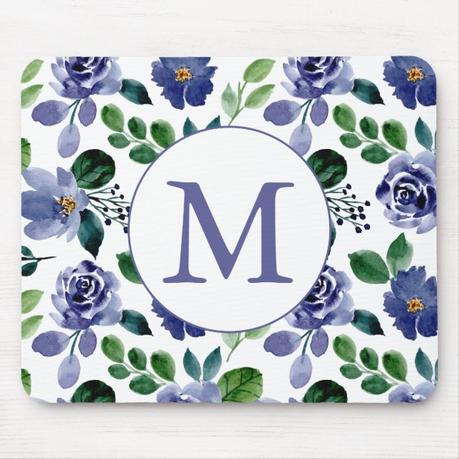 Tapis De Souris Monogramme floral bleu marine russe (Devant)