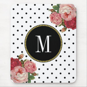 Tapis De Souris Monogramme floral d'antiquité blanche noire chiqu