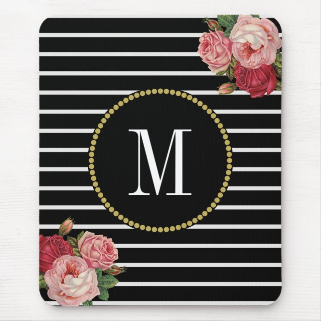 Tapis De Souris Monogramme floral de Boho antique à rayures noires (Devant)