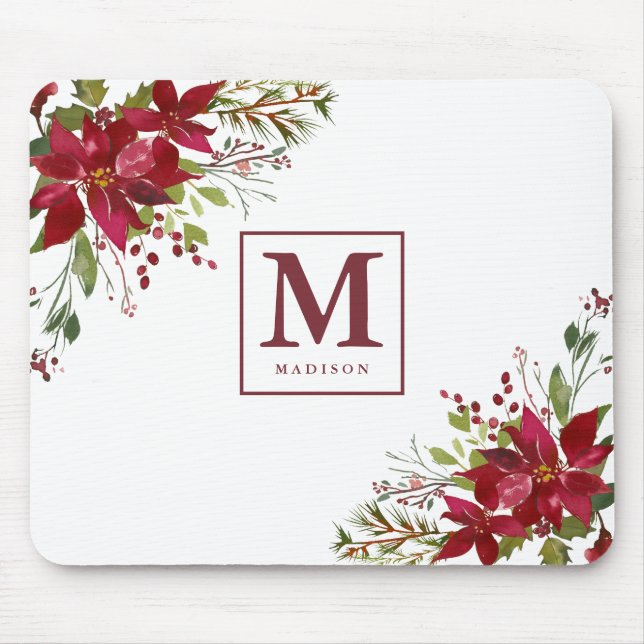 Tapis De Souris Monogramme floral de poinsettia d'aquarelle chic (Devant)
