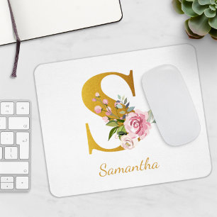Tapis De Souris Monogramme floral faux or nom initial personnalise