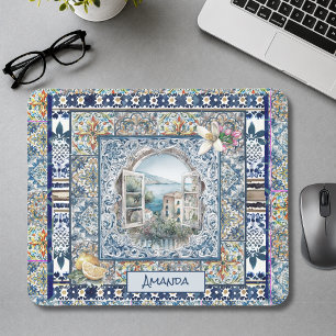 Tapis De Souris monogramme floral italien été carreaux bleus agrum