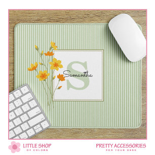 Tapis De Souris Monogramme floral jaune et rayures vertes