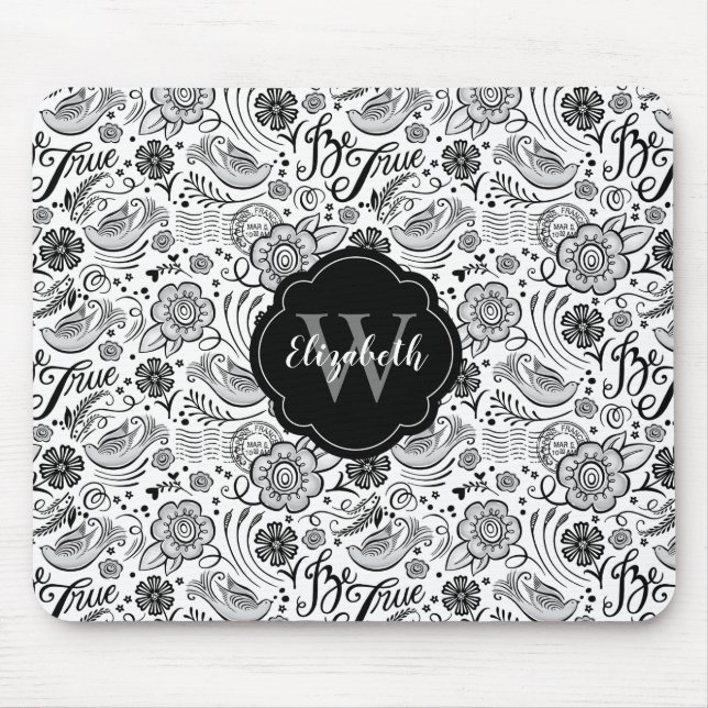 Tapis De Souris Monogramme floral noir blanc (Devant)