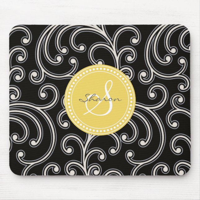 Tapis De Souris Monogramme floral noir girly élégant de motif (Devant)