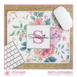 Tapis De Souris Monogramme floral rose personnalisable