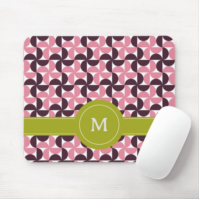 Tapis De Souris Monogramme Floral Vert Citron Burgundy Rose Géomét (Avec souris)