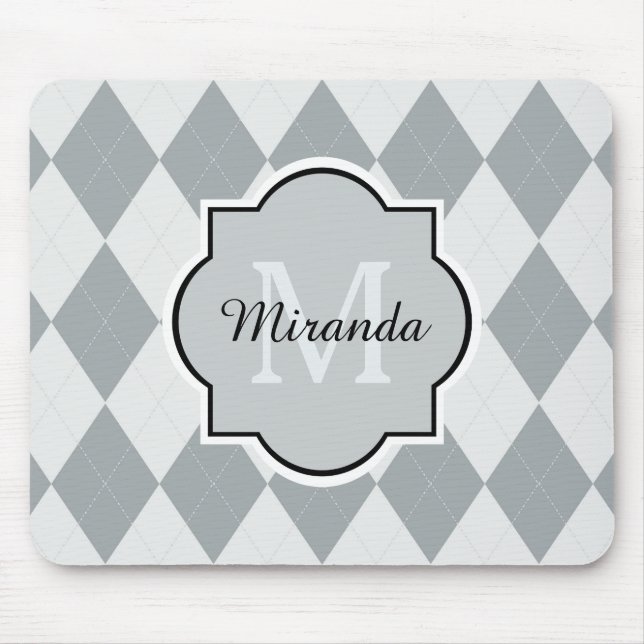 Tapis De Souris Monogramme Girly à motifs de losanges gris mou de (Devant)