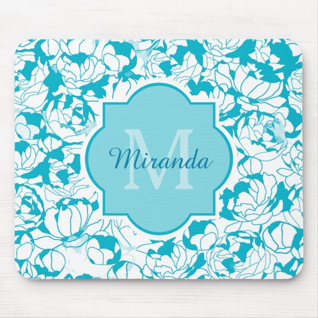 Tapis De Souris Monogramme Girly floral de turquoise moderne avec (Devant)