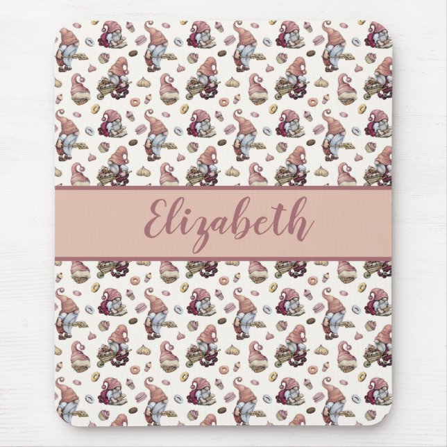 Tapis De Souris Monogramme Gnomes Baking Cupcakes Donuts Pink Scri (Devant)