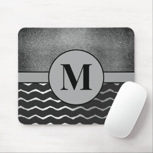 Tapis De Souris Monogramme Initial Argent Pailleté Chevron Noir