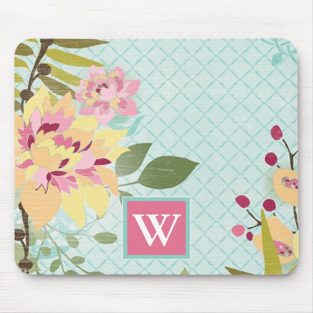 Tapis De Souris Monogramme | Jardin floral, Arrière - plan bleu (Devant)