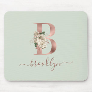 Tapis De Souris Monogramme Lettre "B" Rose Gold Floral Vert Sauge
