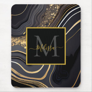 Tapis De Souris Monogramme marbré noir et or moderne