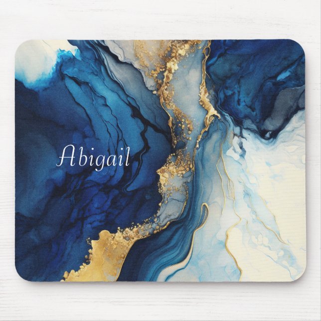 Tapis De Souris Monogramme Marine Blue Gold Agate Marbre Aquarelle (Devant)